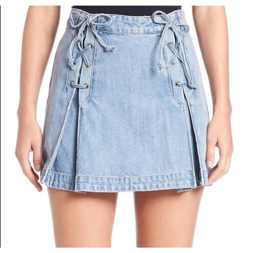 Free People Denim Flared Pleated Skirt